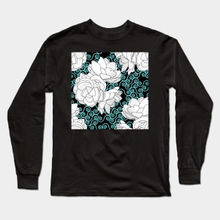 Sampaguita Flowers with Blue Spirals on Black Long Sleeve T-Shirt